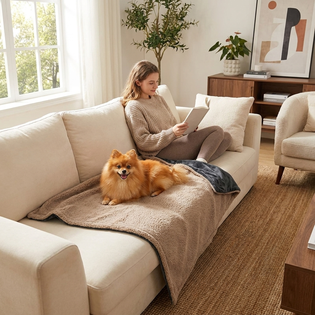 Ranger Waterproof Sherpa Dog Blanket — Pomeranian on khaki blanket