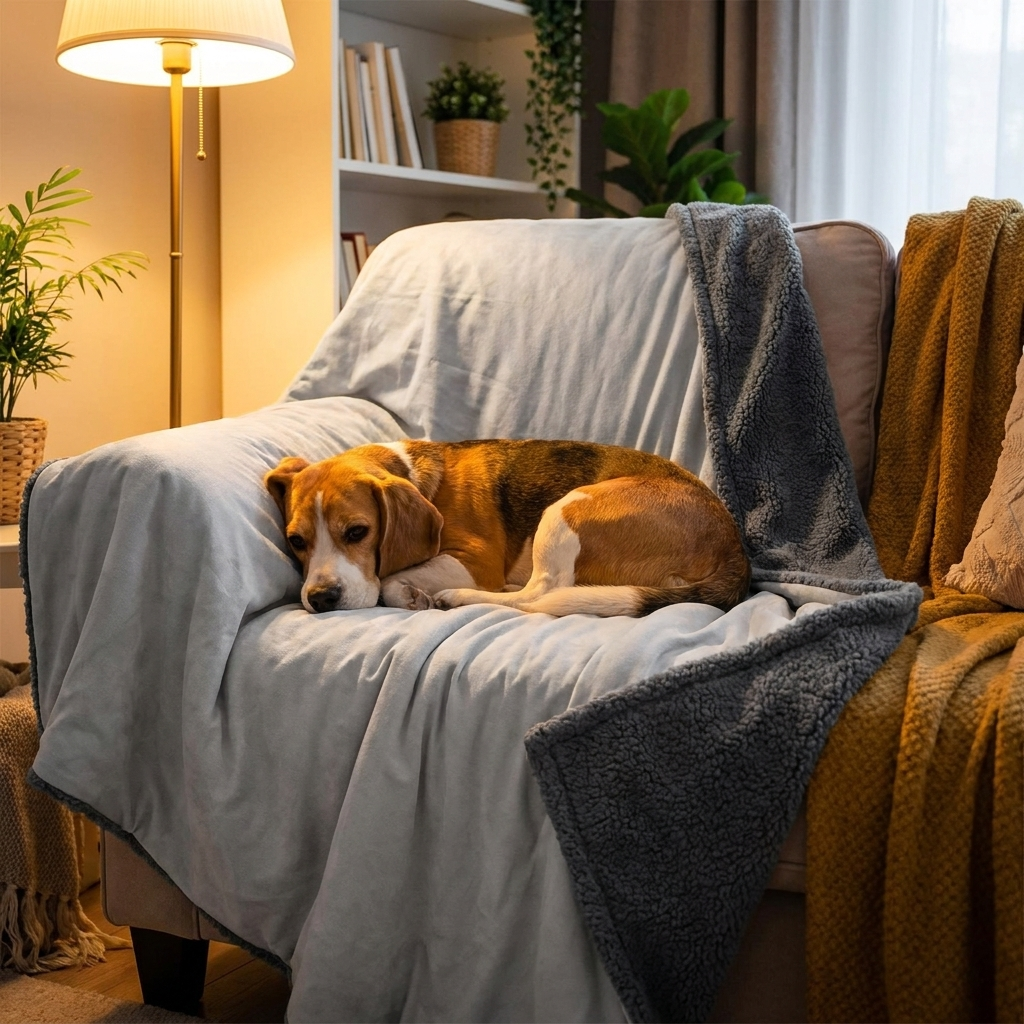 Ranger Waterproof Sherpa Dog Blanket — Beagle on light gray blanket