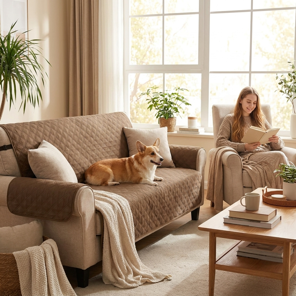 Haven Water-Resistant Furniture Protector — Corgi on coffee sofa cover