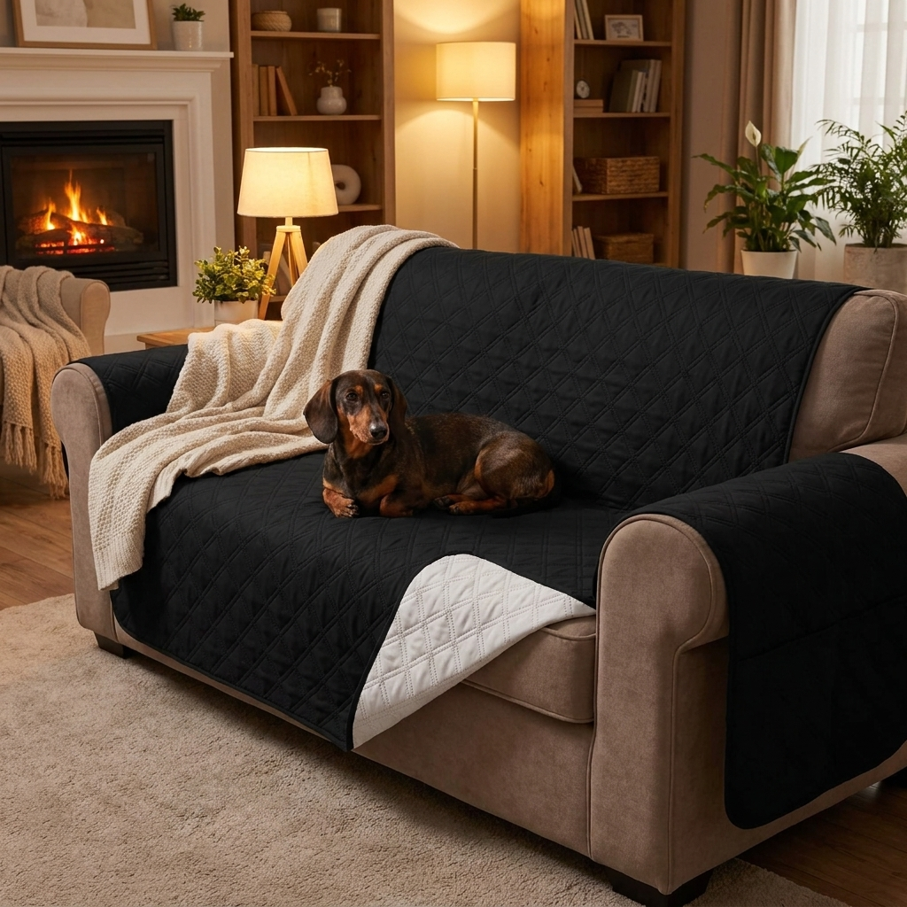 Haven Water-Resistant Furniture Protector — Dachshund on black sofa cover