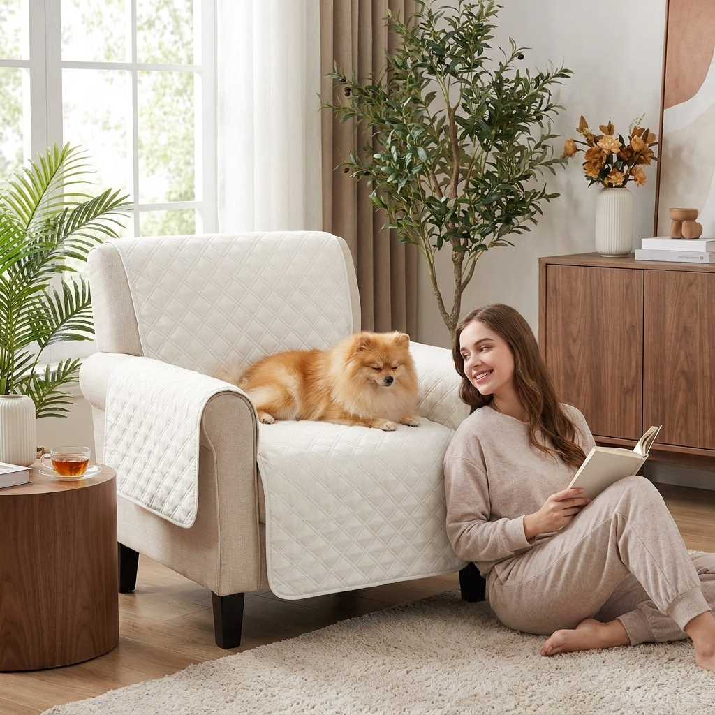 Haven Water-Resistant Furniture Protector — Pomeranian on white armchair cover