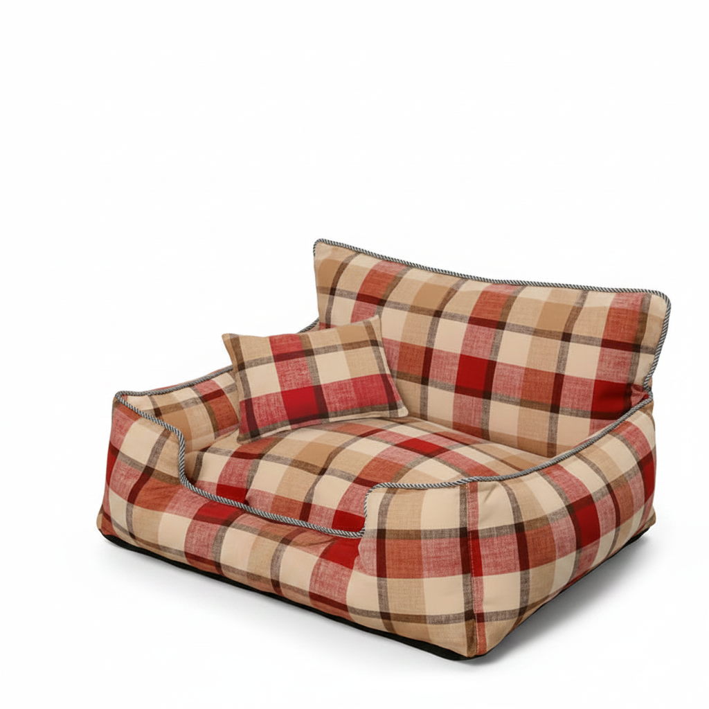 Baxter Plaid Dog Sofa Bed – Red plaid bolster bed with matching pillow