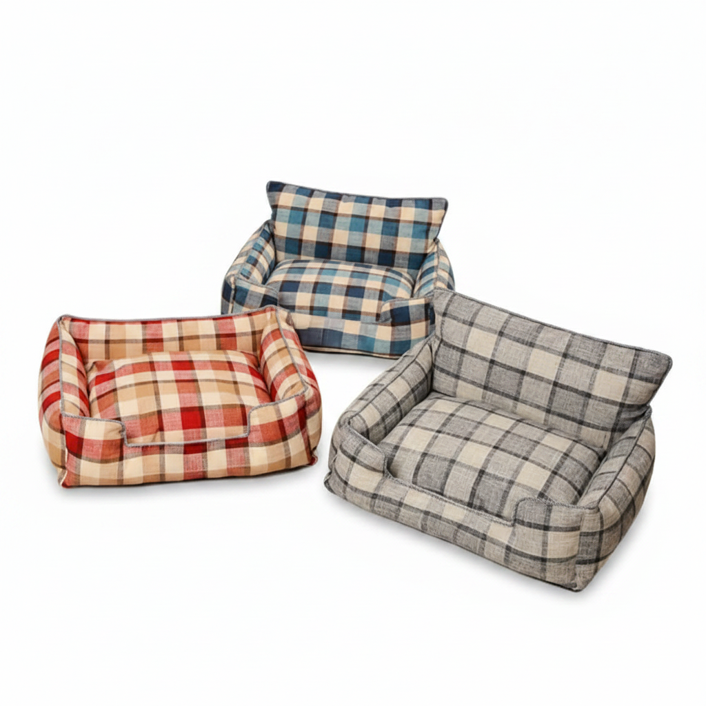 Baxter Plaid Dog Sofa Bed – Blue, Grey and Red plaid bolster beds