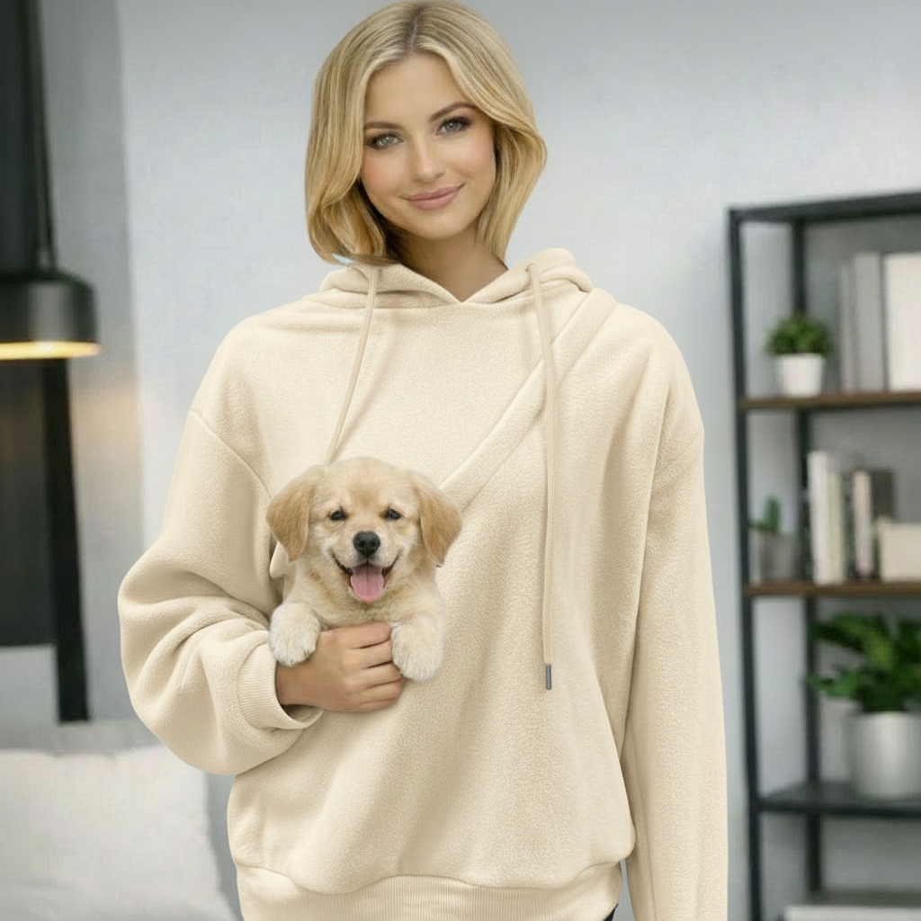 Joey wearable dog carrier hoodie in beige with a puppy in the front pouch