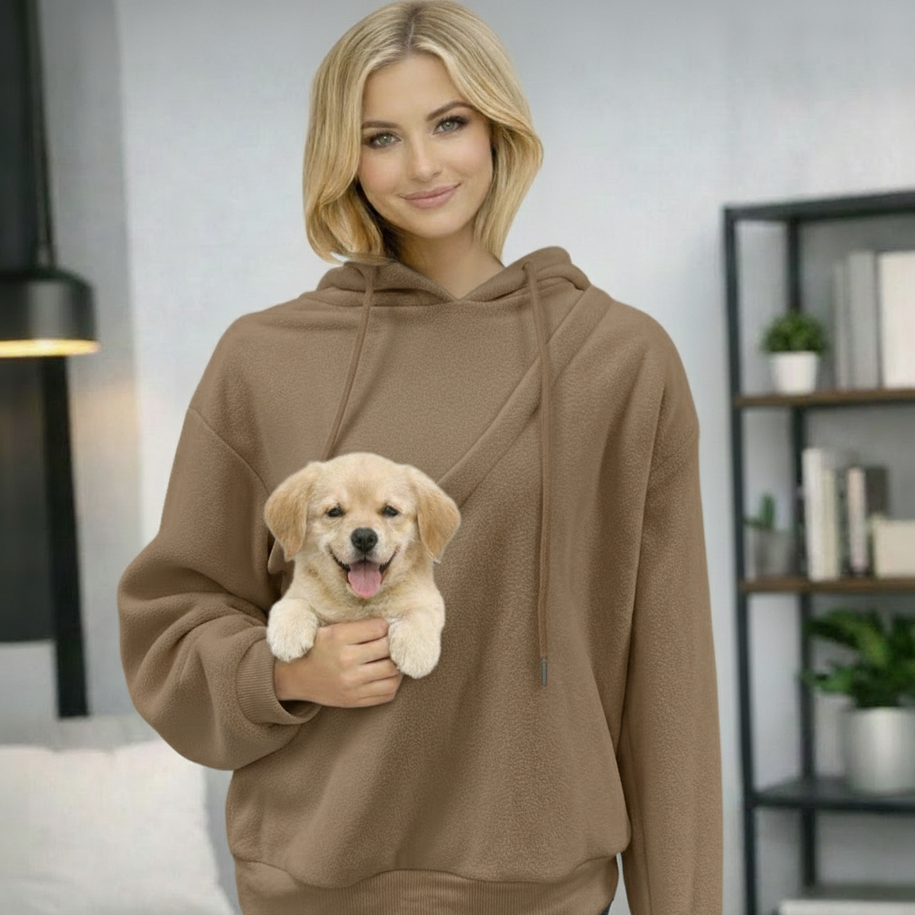 Joey wearable dog carrier hoodie in coffee with a puppy in the front pouch