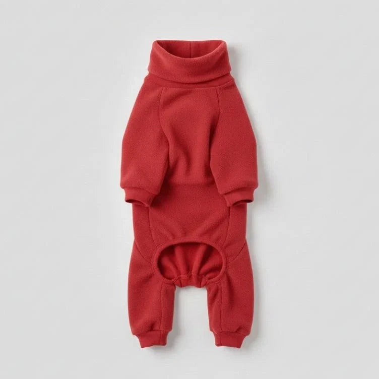 Red fleece dog pajamas, full-body onesie product view