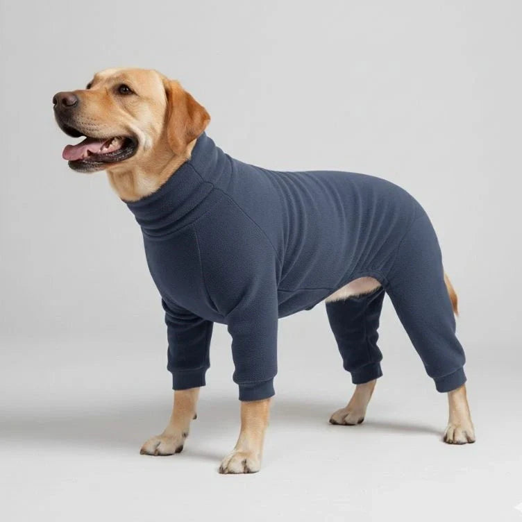 Large dog wearing the grey blue fleece dog pajamas, side view