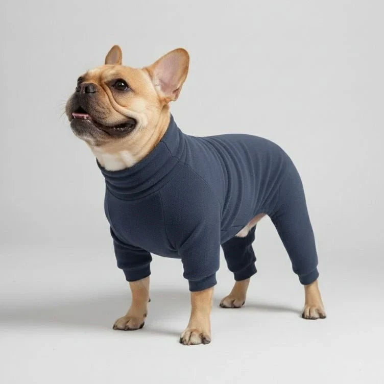 Dog wearing the grey blue fleece dog pajamas