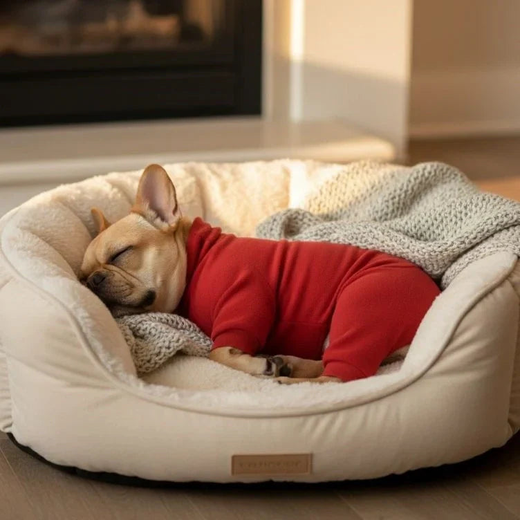 Dog napping in a bed wearing the red fleece dog pajamas