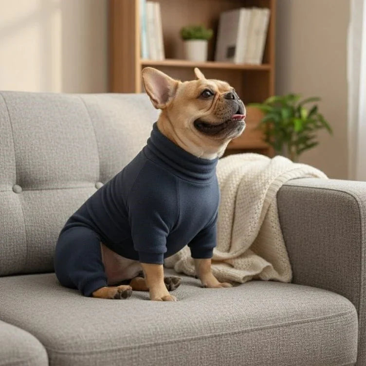 Dog on a couch in the grey blue fleece dog pajamas