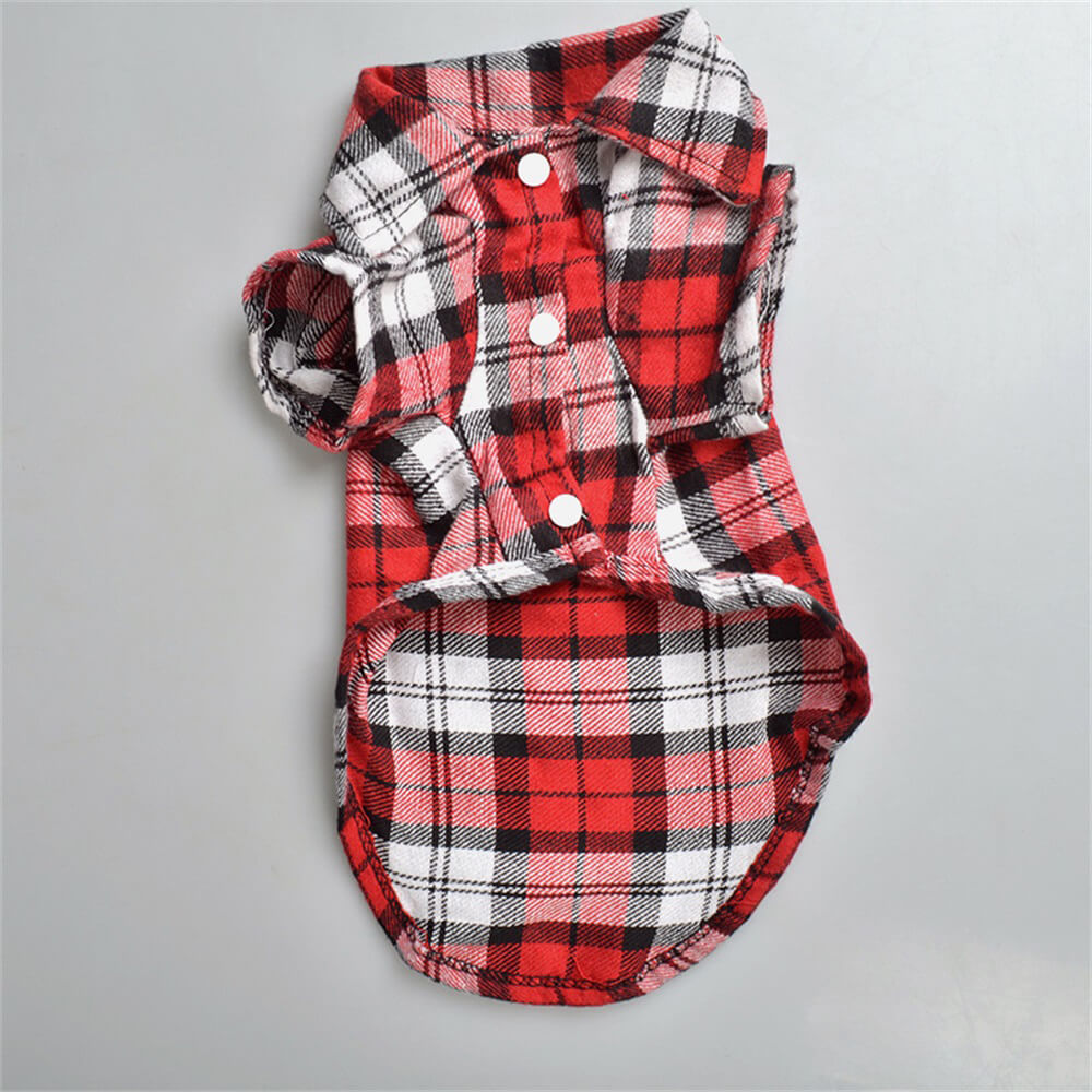 Red plaid flannel button-down dog shirt with collar and white buttons