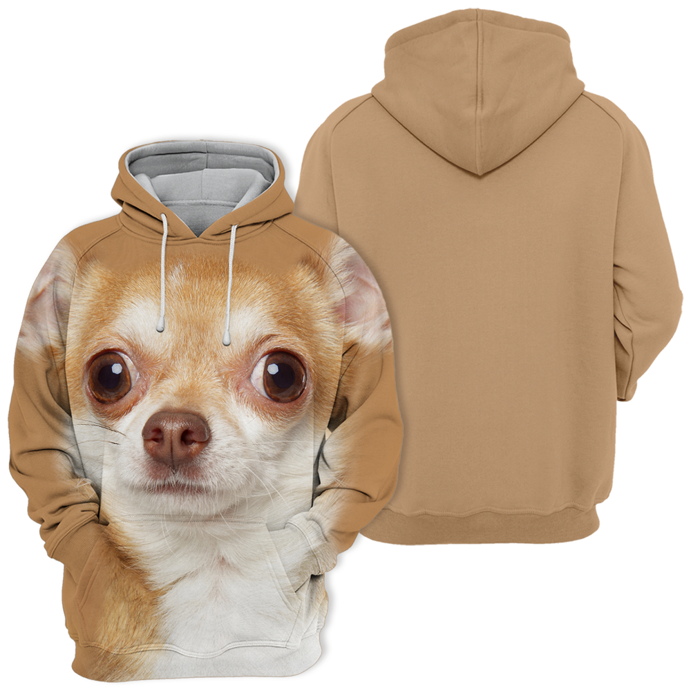 Chihuahua hoodie, front print and tan back