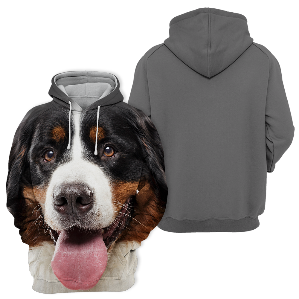 Bernese Mountain Dog hoodie, front print and grey back