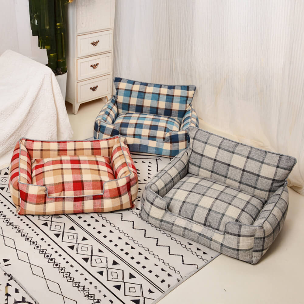 Baxter Plaid Dog Sofa Bed – Blue, Grey and Red plaid bolster beds