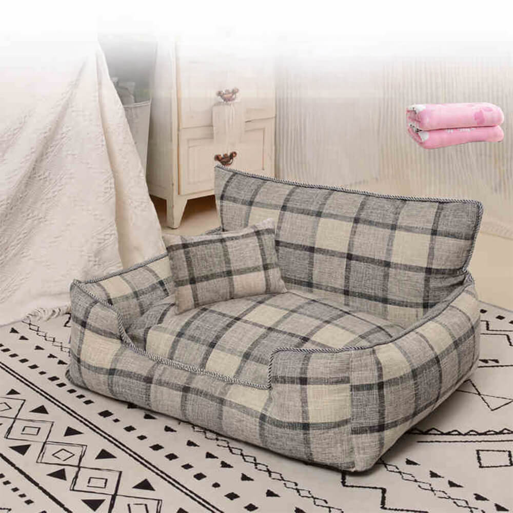 Baxter Plaid Dog Sofa Bed – Grey plaid bolster bed with matching pillow