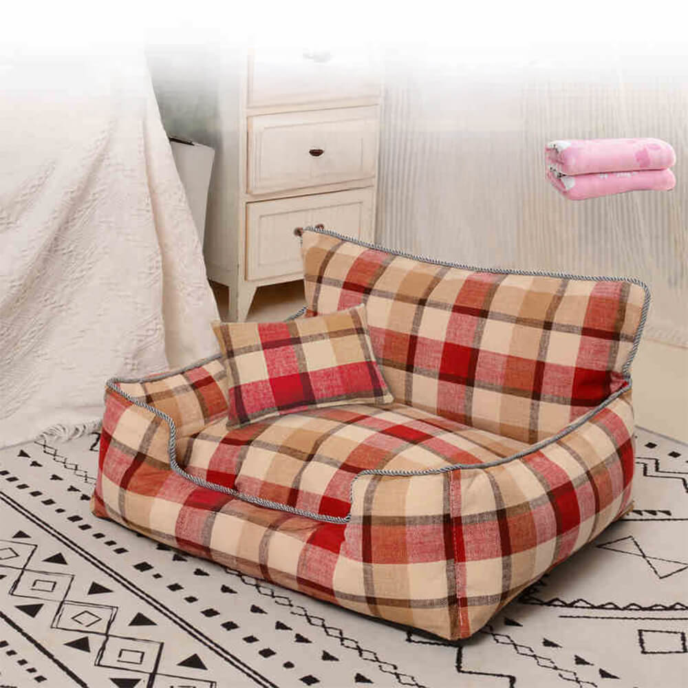 Baxter Plaid Dog Sofa Bed – Red plaid bolster bed with matching pillow