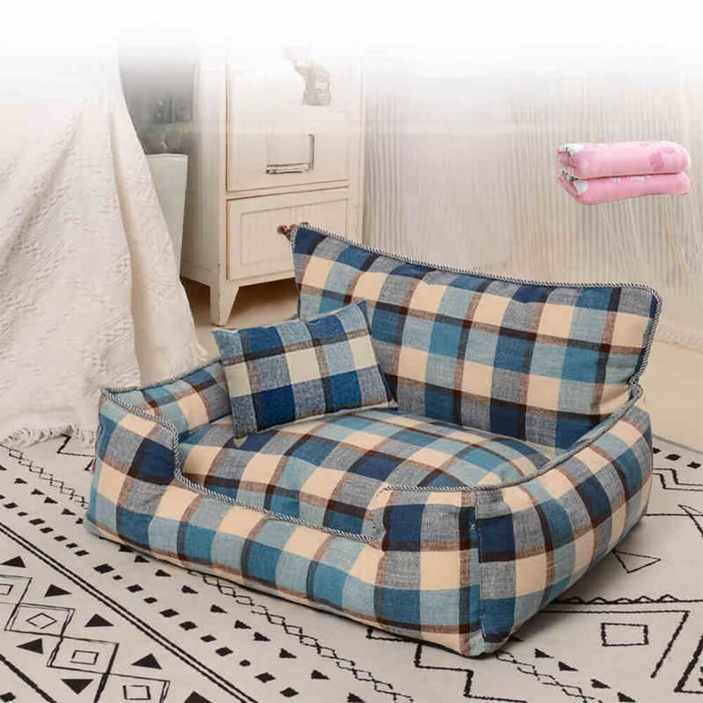 Baxter Plaid Dog Sofa Bed – Blue plaid bolster bed with matching pillow