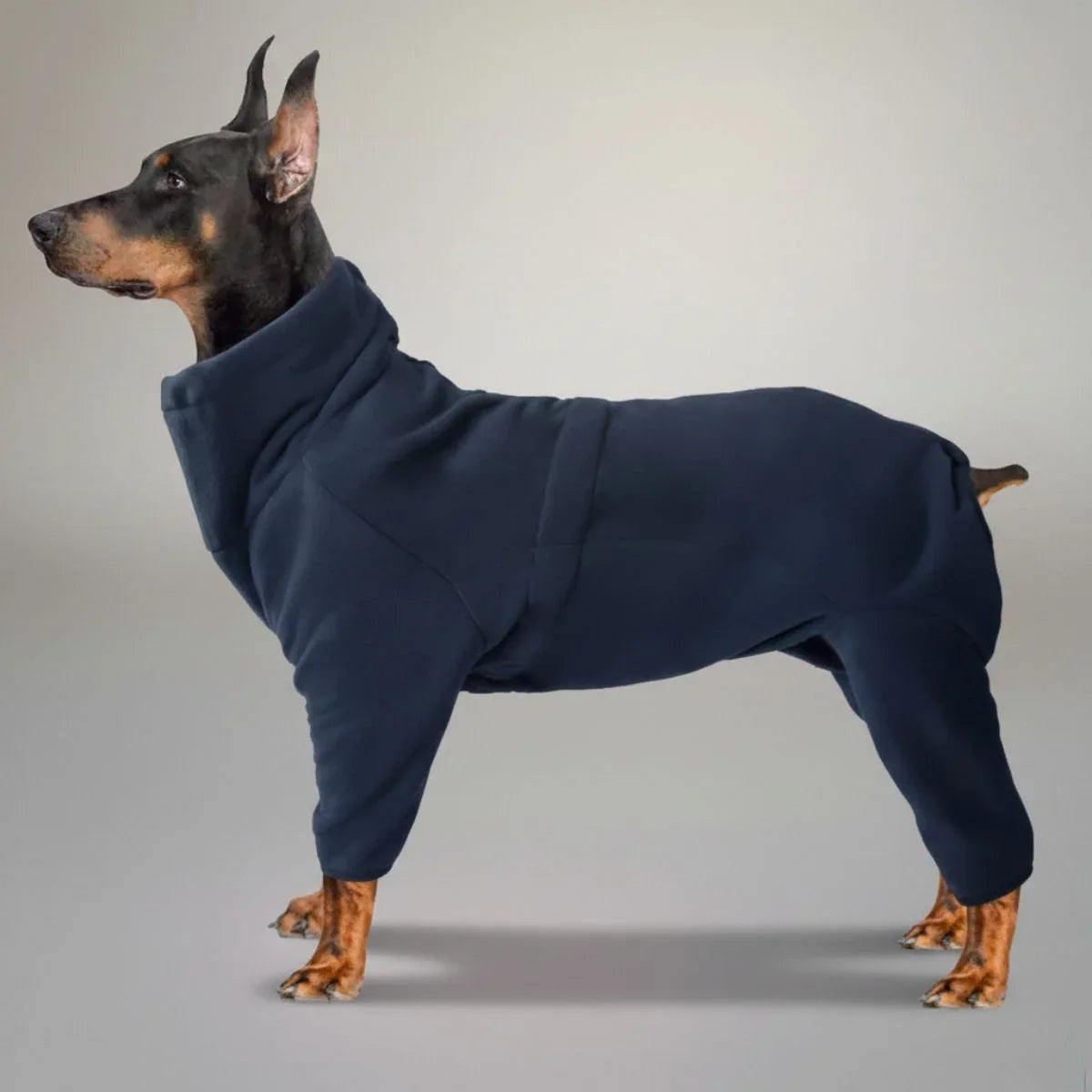 Navy blue full-body fleece dog jumpsuit