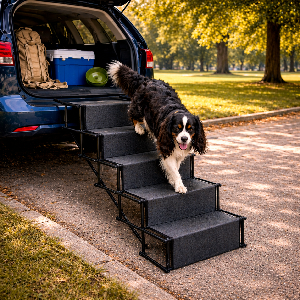 Boost Foldable Dog Car Stairs — gentle five-step climb into the car for small and senior dogs
