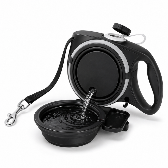 Trek all-in-one retractable dog leash with built-in water bottle, collapsible bowl and waste-bag dispenser