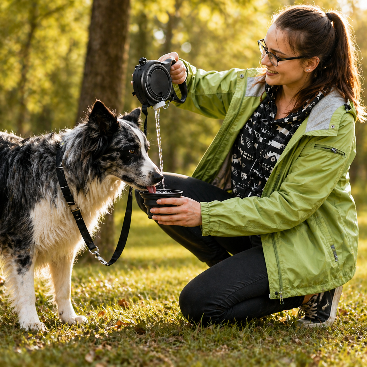 Owner giving a dog fresh water from the Trek leash's built-in bowl outdoors