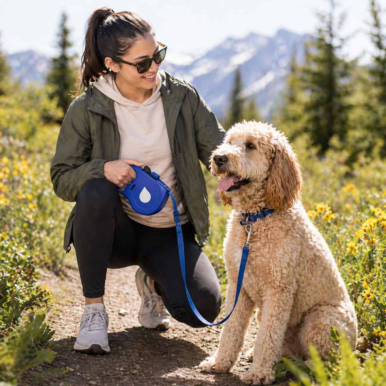 Owner walking a dog on a trail with the blue Trek all-in-one dog leash