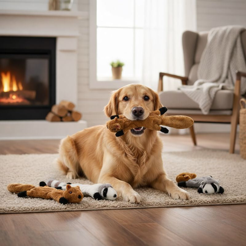 Golden retriever holding a Rascal crinkle squeaky dog toy at home