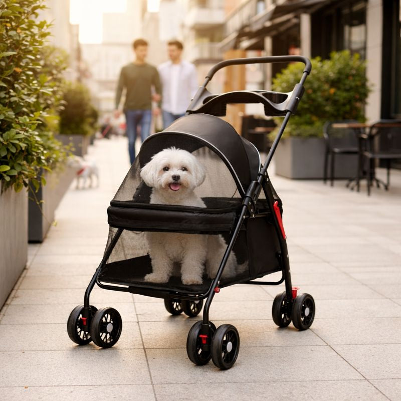 Small white dog in the Wander Foldable Dog Stroller on a city sidewalk