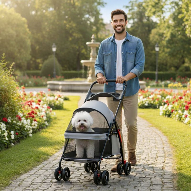 White dog in the Wander Foldable Dog Stroller on a garden path