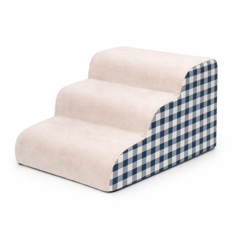 Blue checkered 3-step Hop Foam Dog Stairs