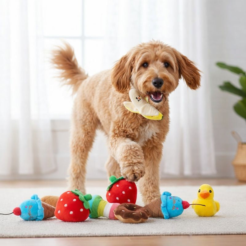 Goldendoodle carrying a plush banana with the Picnic Puppy Plush Toy Set on the floor