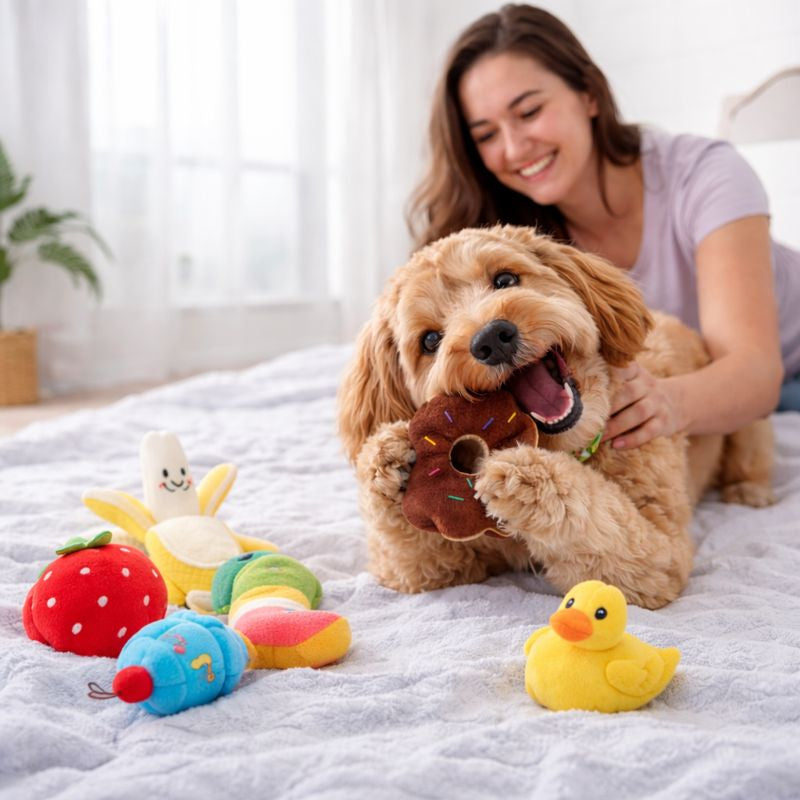 Woman playing with her goldendoodle puppy and the Picnic Puppy Plush Toy Set on a bed