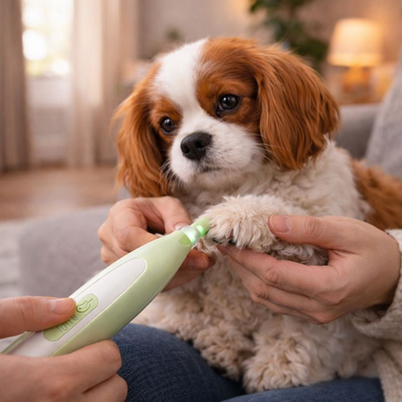 Trimming a spaniel's paw with the Pixie LED dog grooming trimmer