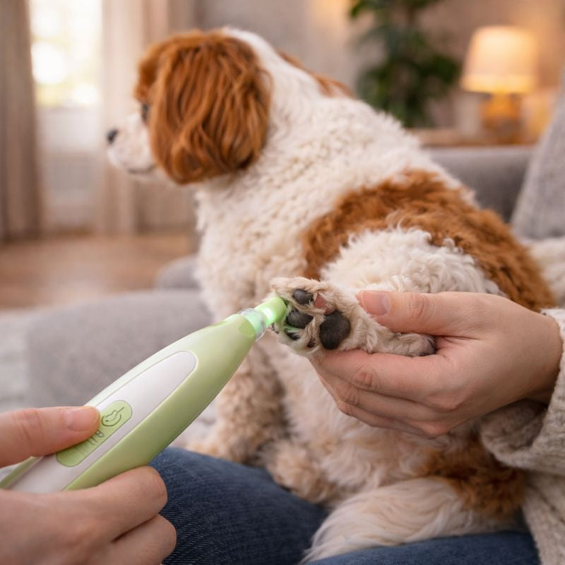 Close-up paw touch-up with the Pixie LED dog grooming trimmer