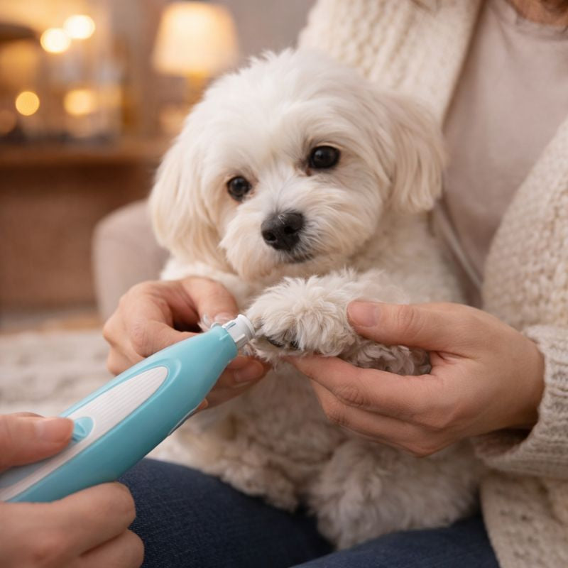 Grooming a small dog's paw with the Pixie LED trimmer
