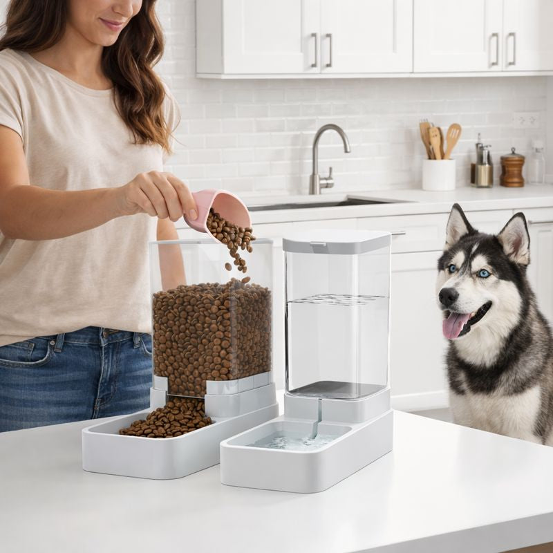 Woman refilling the Fount gravity dog feeder and water dispenser while her husky waits