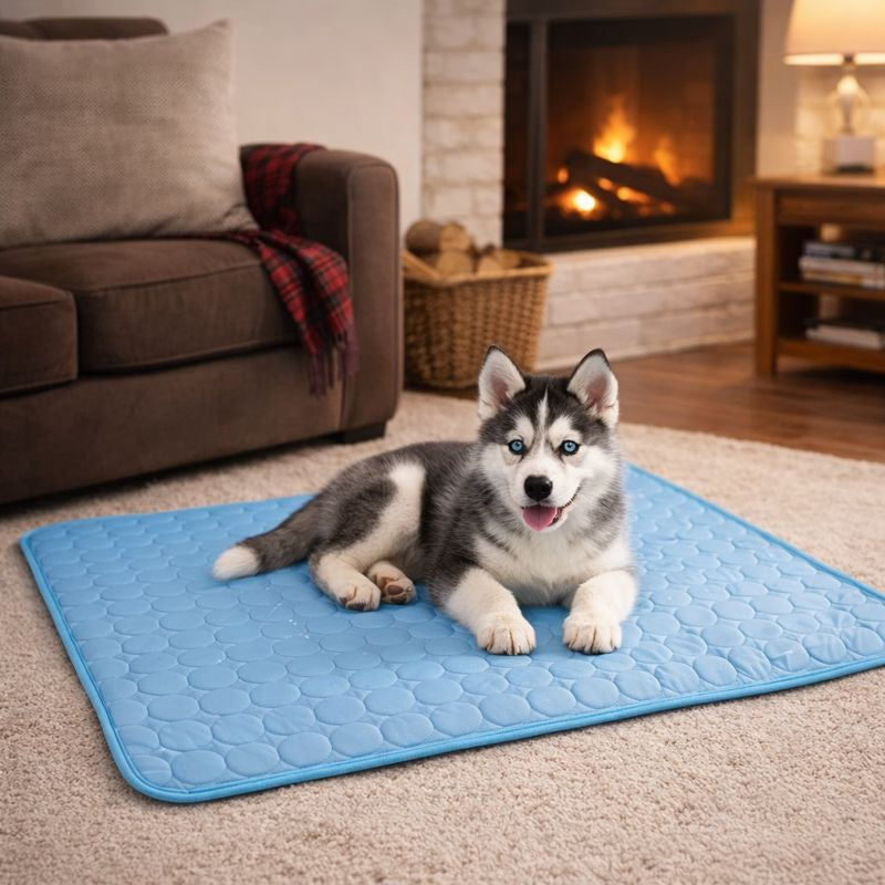 Husky relaxing and cooling off on the Shade cooling dog mat at home