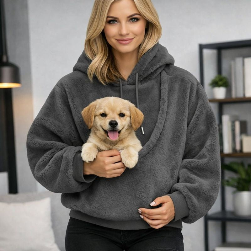 Joey wearable dog carrier hoodie in gray with a puppy in the front pouch