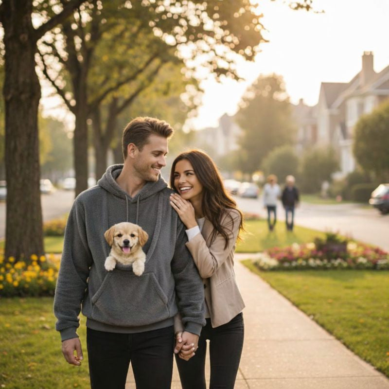 Couple walking outdoors carrying a puppy in the Joey wearable dog carrier hoodie