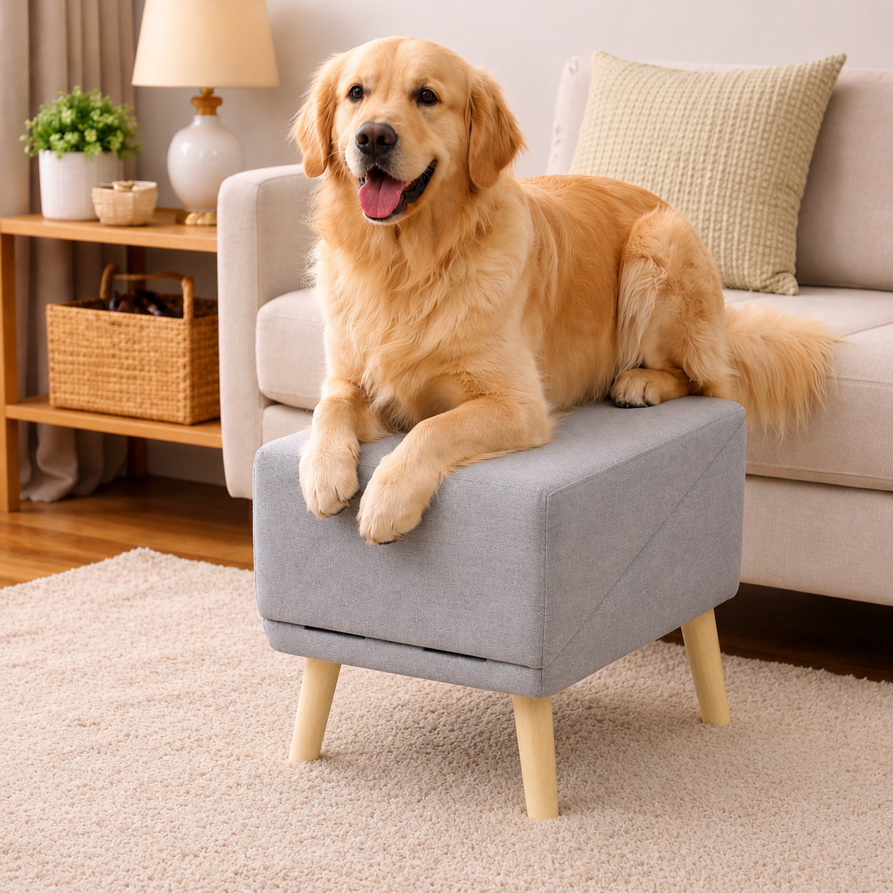 Glide 2-in-1 Dog Ramp & Stool — dog resting on the folded footrest stool by the sofa