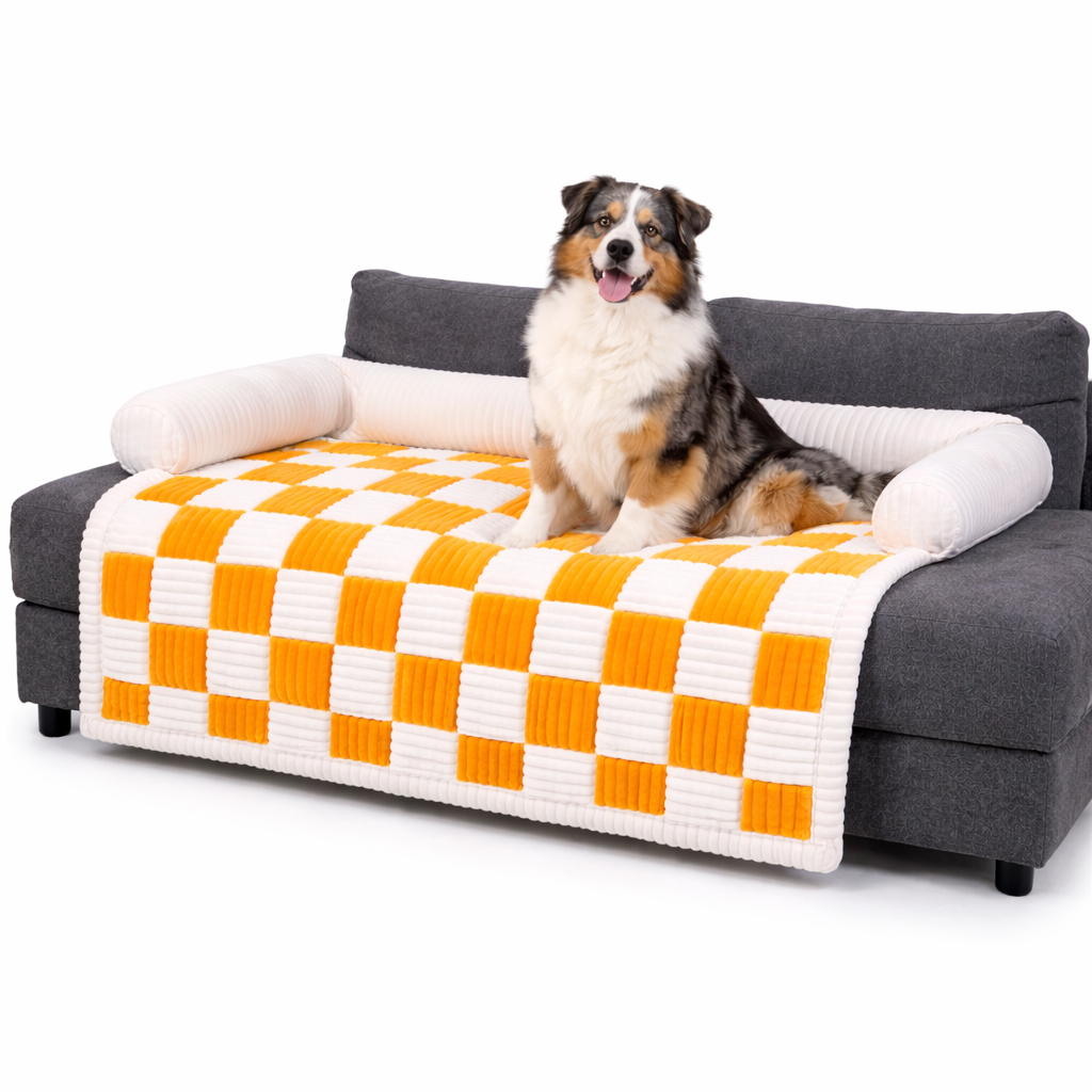 Yellow checkered Hearth Dog Sofa Cover draped over a couch with a padded bolster