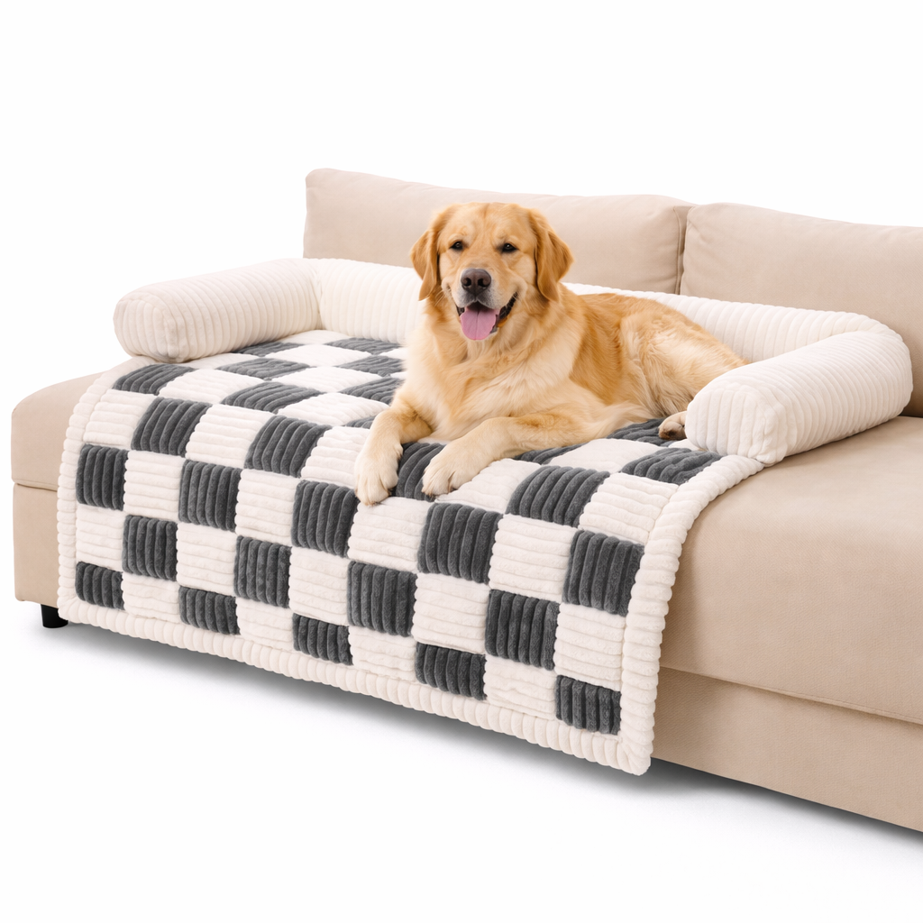Grey checkered Hearth Dog Sofa Cover draped over a couch with a padded bolster