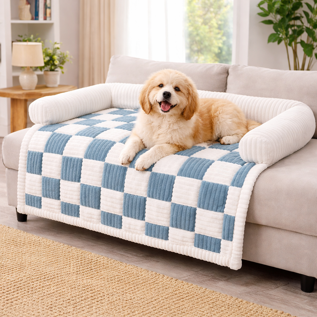Blue-grey checkered Hearth Dog Sofa Cover with a doodle resting on the sofa