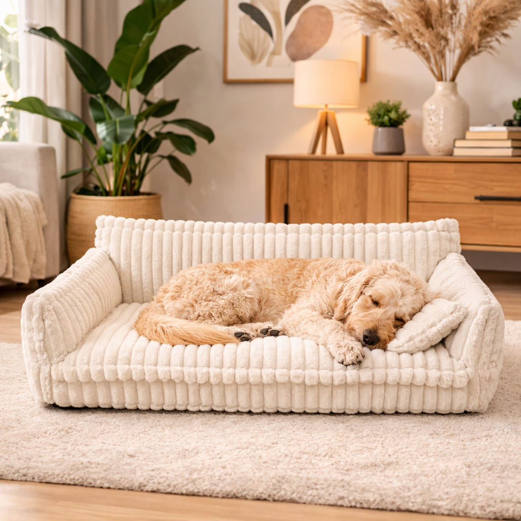 Golden retriever lounging on the white Snooze orthopedic dog sofa bed