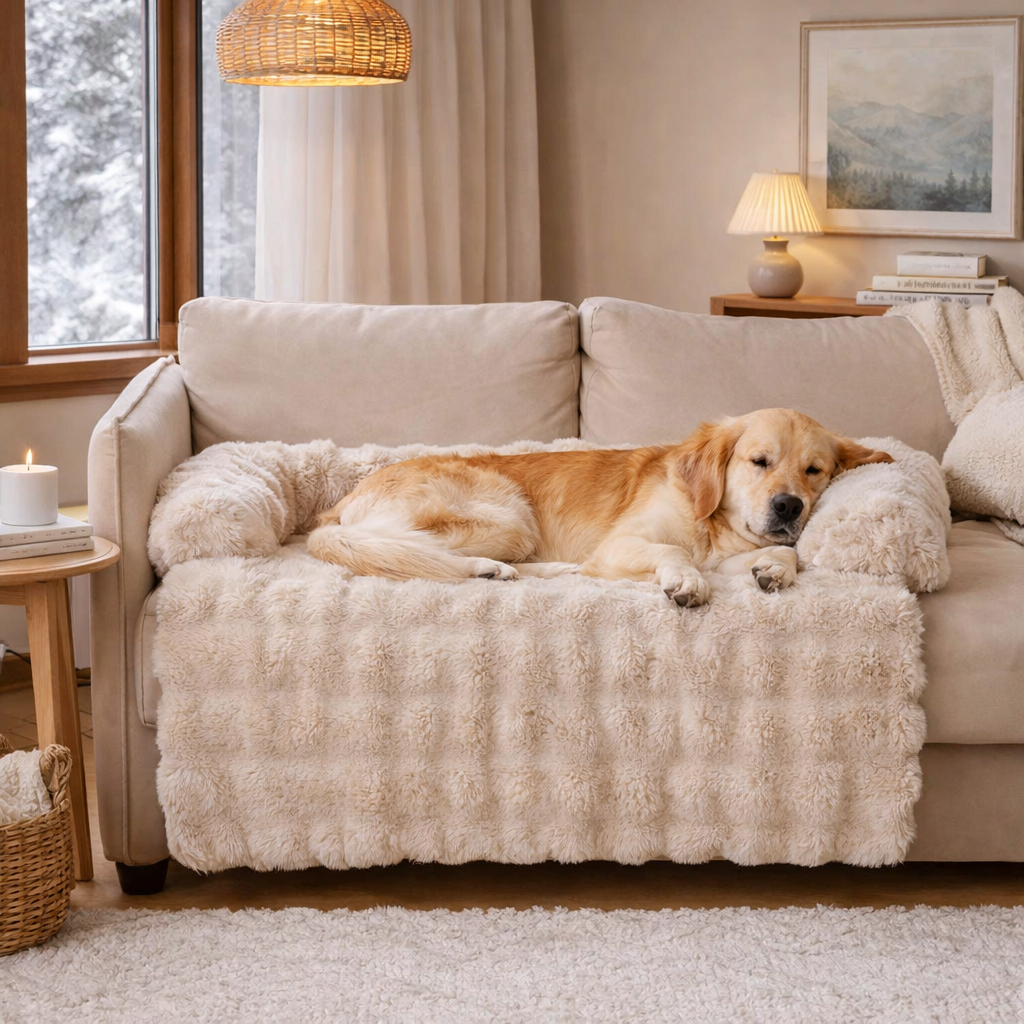 Golden retriever resting on the coffee Hush calming dog sofa protector