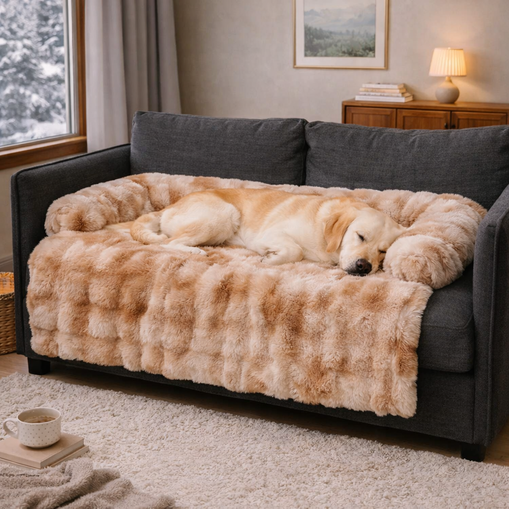 Golden retriever resting on the tie-dye brown Hush calming dog sofa protector
