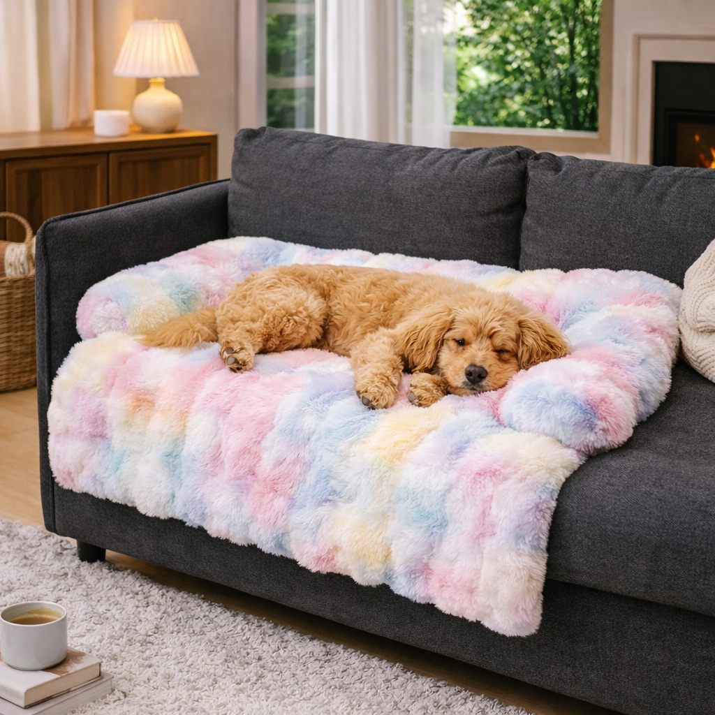 Goldendoodle napping on the colorful Hush calming dog sofa protector