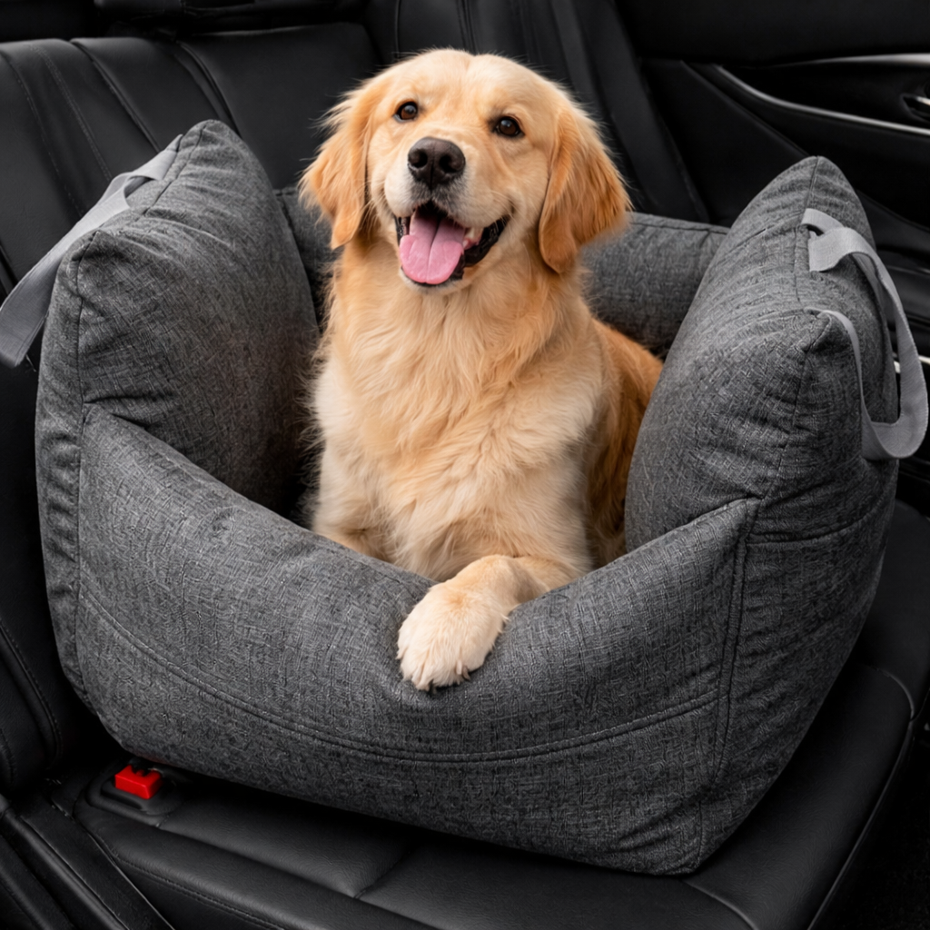 Charcoal grey Roam Waterproof Dog Car Seat Bed with a golden retriever sitting inside on a car seat
