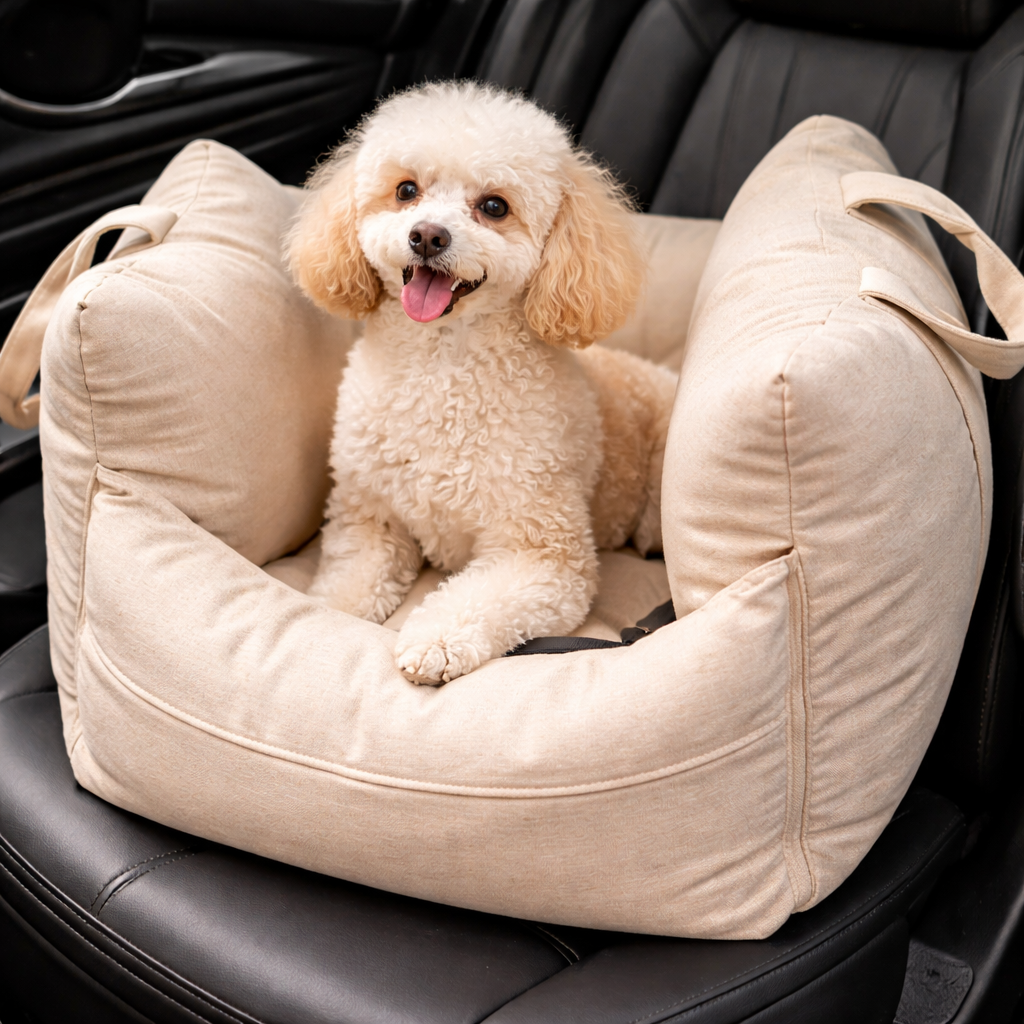 Khaki Roam Waterproof Dog Car Seat Bed with a small poodle sitting inside on a car seat