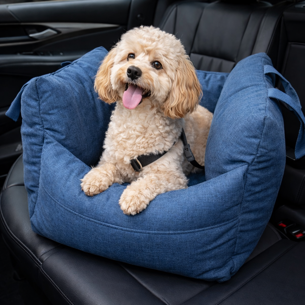 Dark blue Roam Waterproof Dog Car Seat Bed with a poodle sitting inside on a car seat